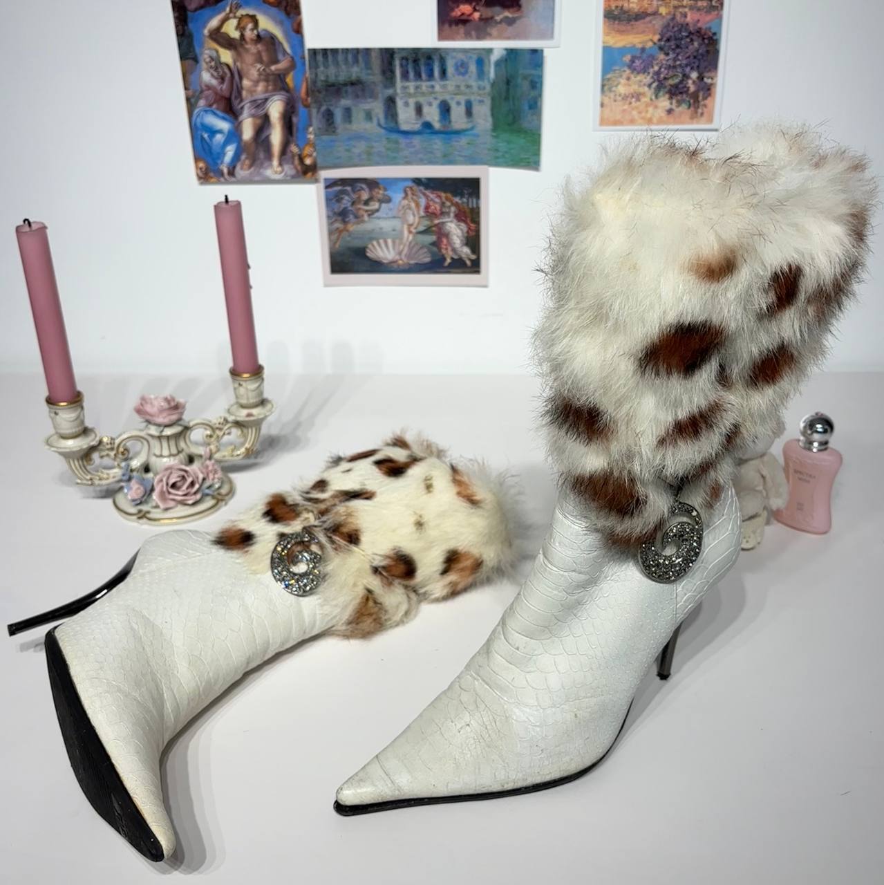 Italian vintage pointed heels with leopard fur