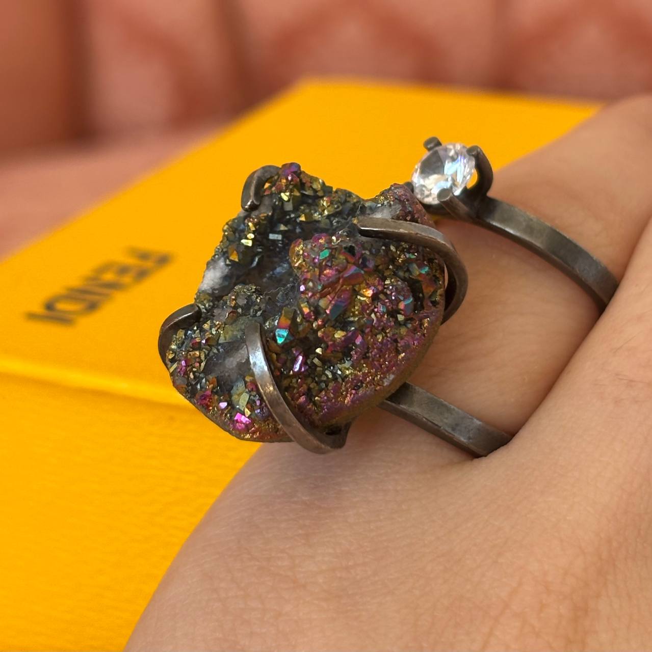 Fendi ring dark silver with gemstones