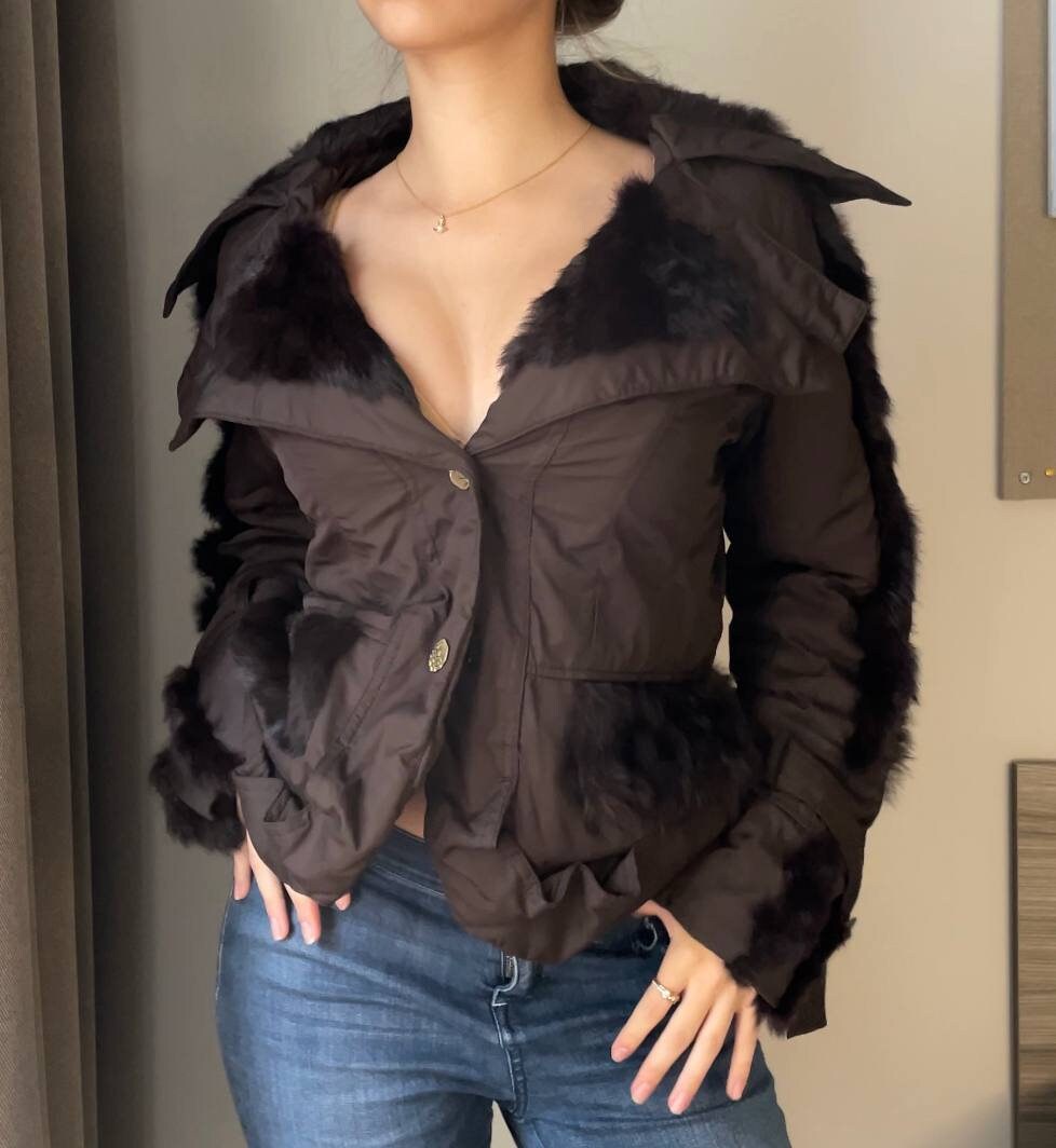 Christian Dior jacket coat vintage early 2000s brown fur cargo pockets afghan coat y2k coquette style old money