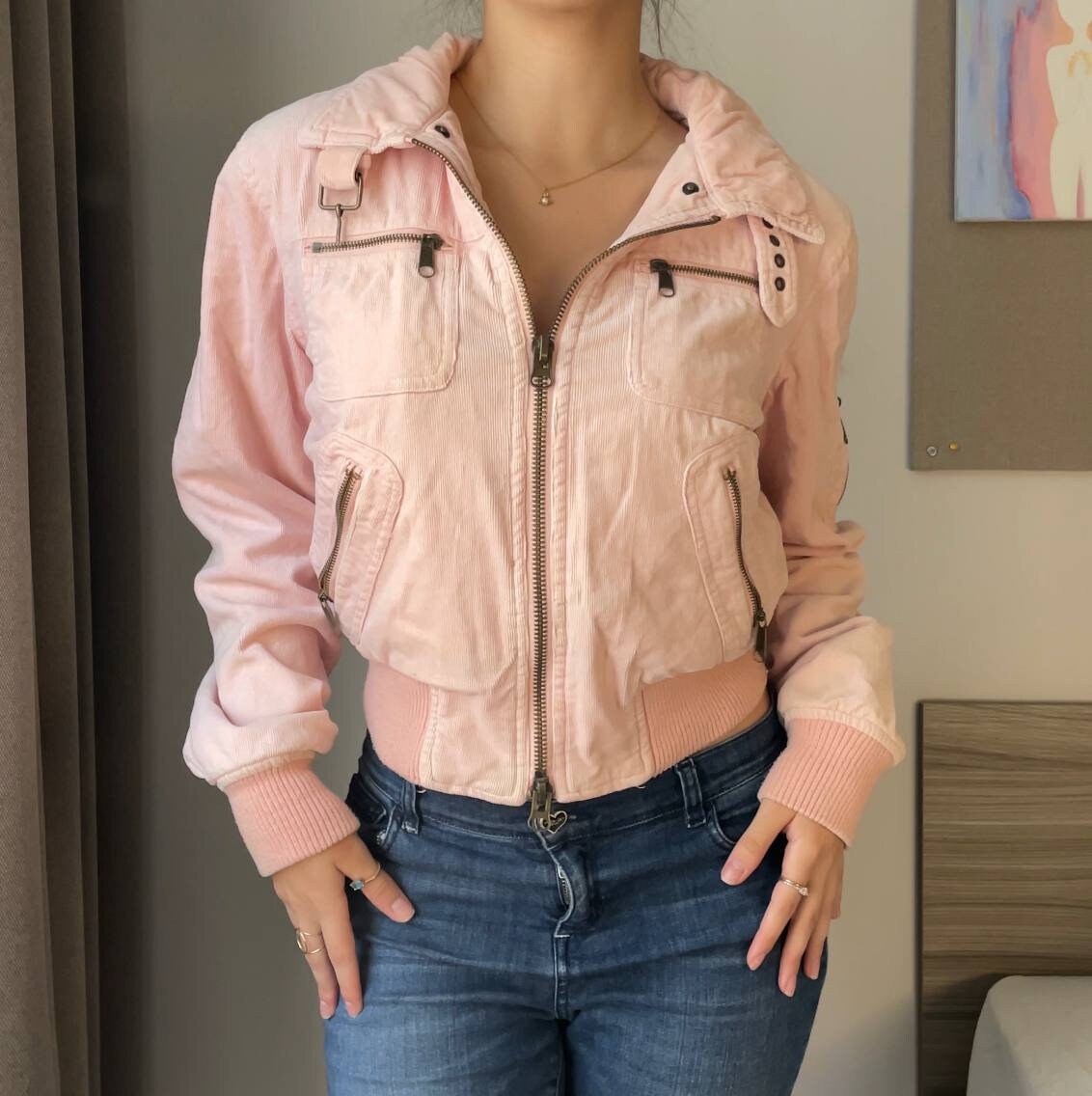 Rampage jacket coat moto jacket biker vintage early 2000s baby pink cargo pockets y2k coquette style old money