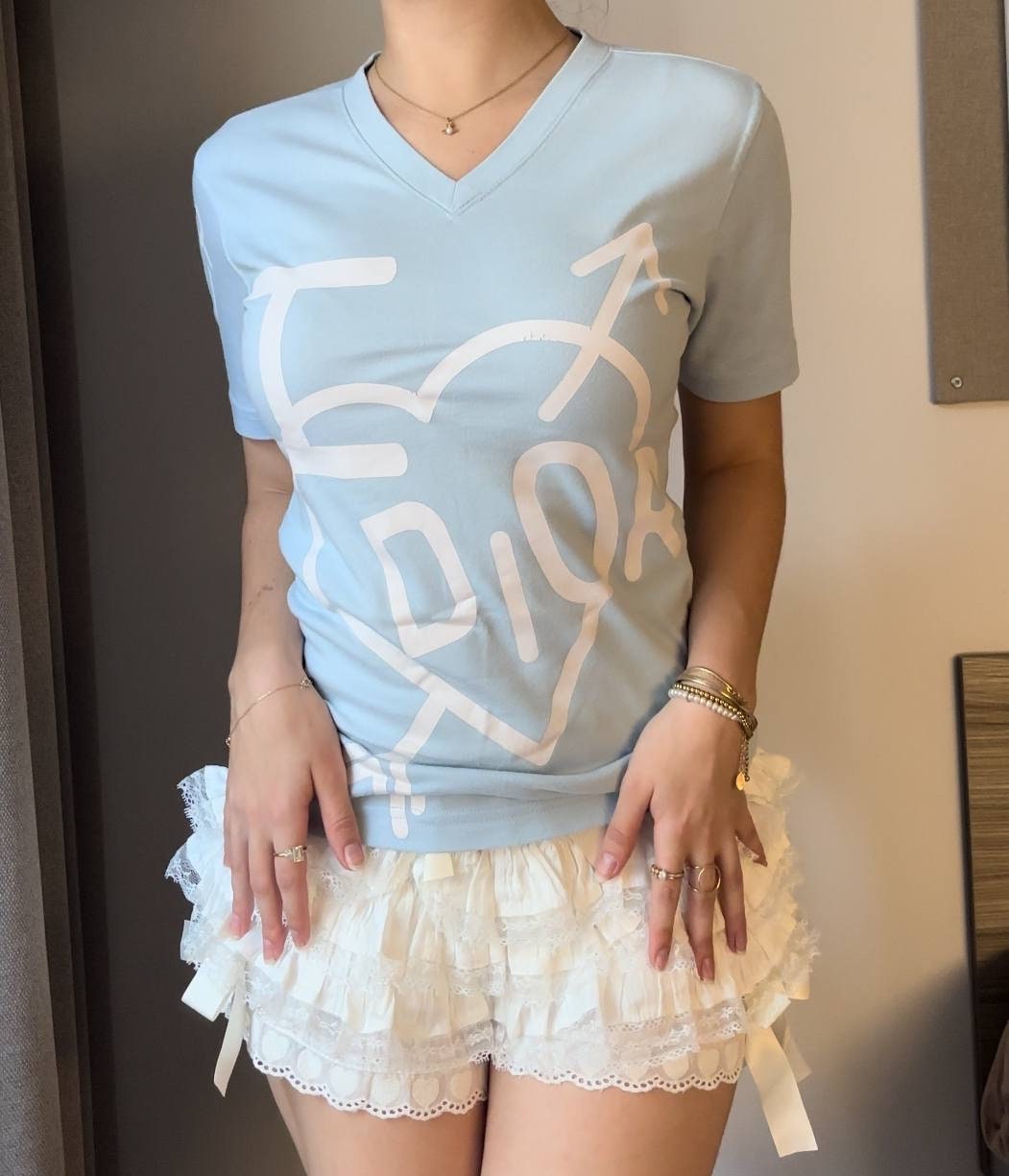 Christian Dior Women's Blue and White T-shirt