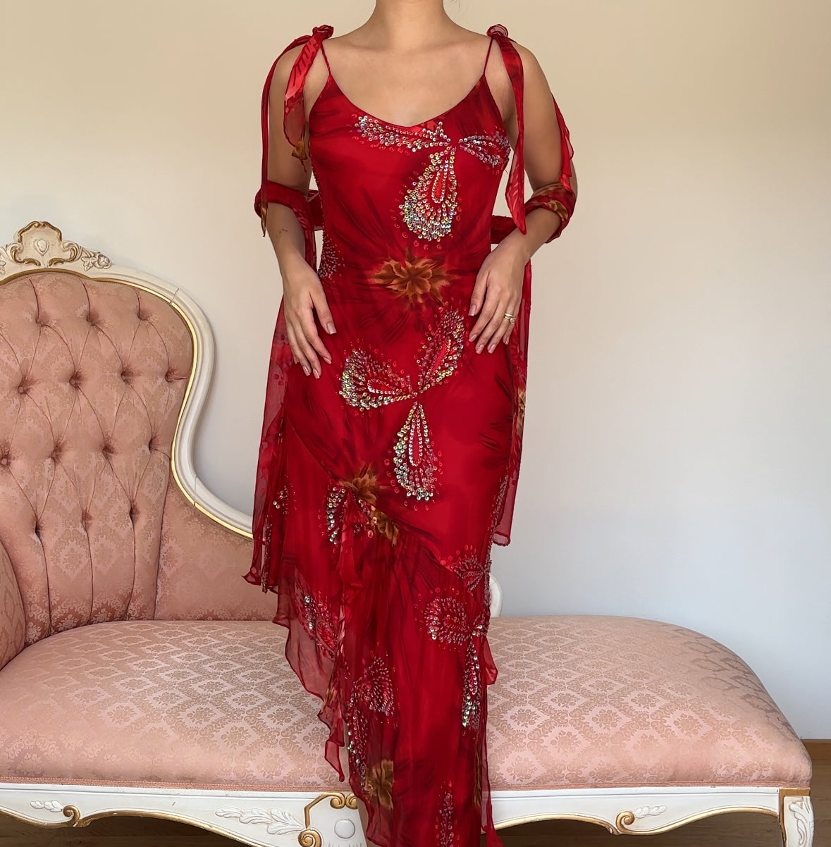 Italian designer dress red bedazzled