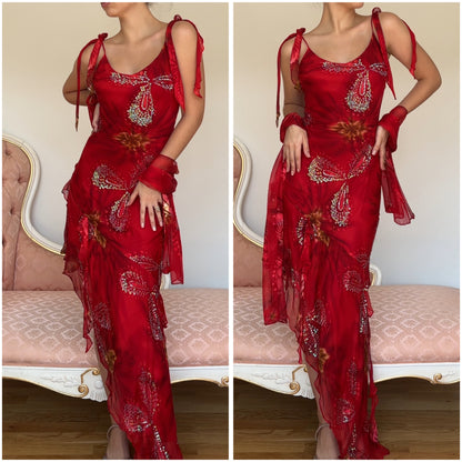 Italian designer dress red bedazzled