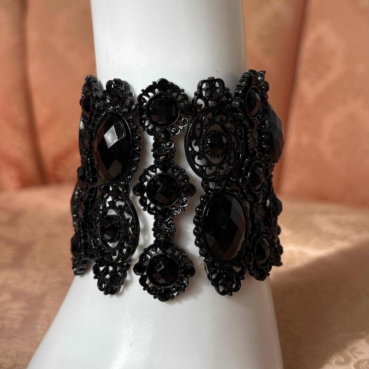 Vintage lace goth cuff bracelet with black stones