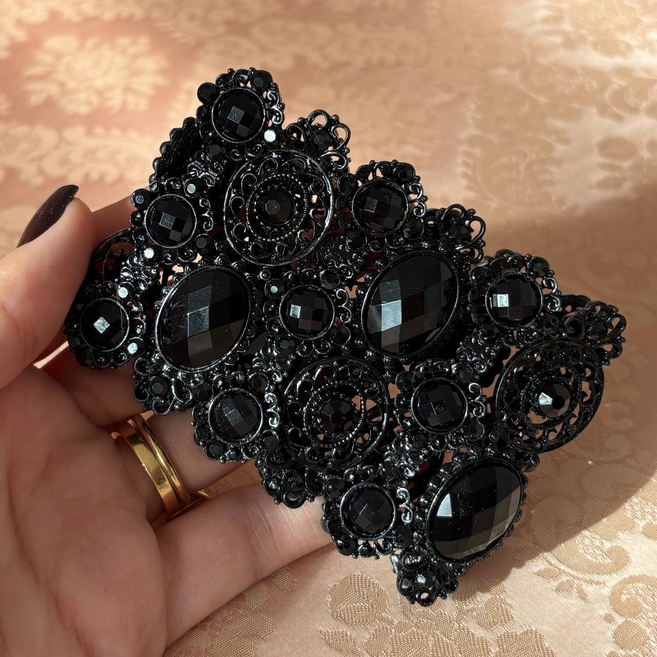 Vintage lace goth cuff bracelet with black stones