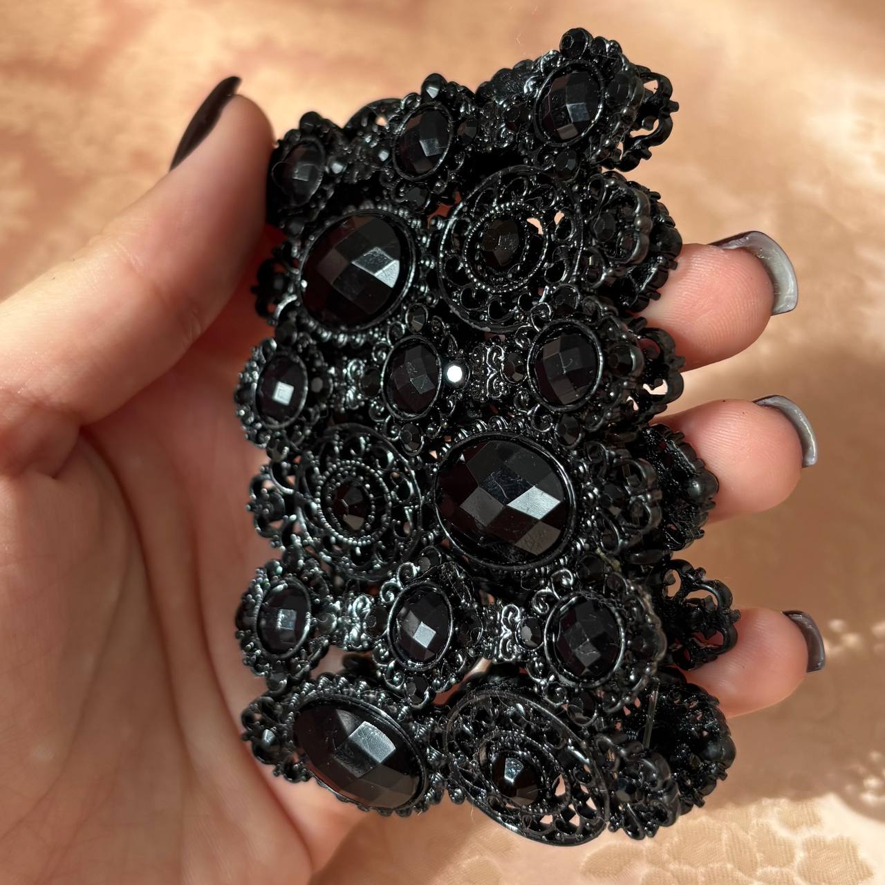 Vintage lace goth cuff bracelet with black stones