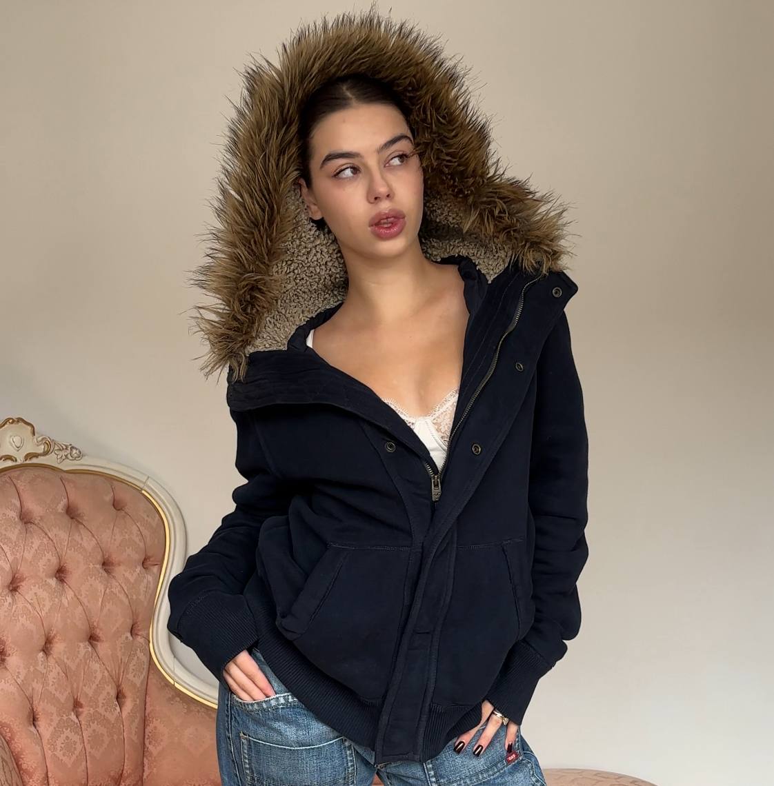 Abercrombie and Fitch fur hoodie coat zip-jacket