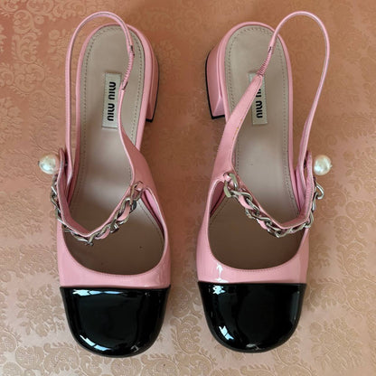 Miu pink and black patent leather black Mary Janes