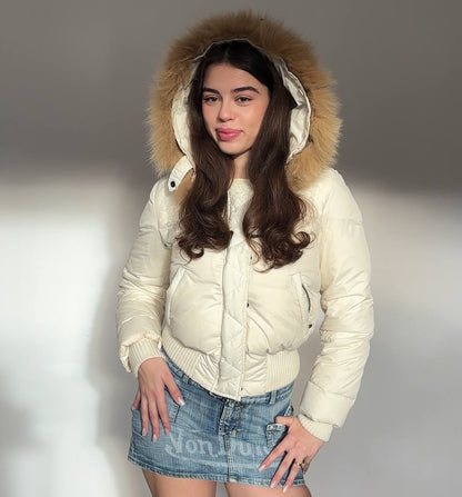 Italian puffer coat zip-jacket bomber with fur hood