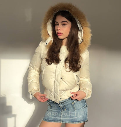 Italian puffer coat zip-jacket bomber with fur hood