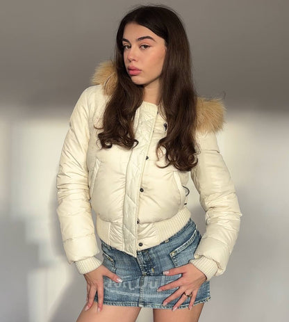 Italian puffer coat zip-jacket bomber with fur hood