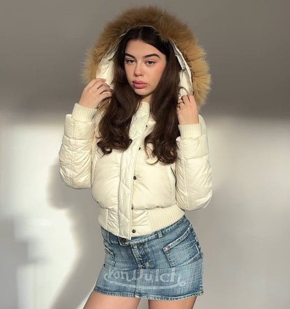 Italian puffer coat zip-jacket bomber with fur hood