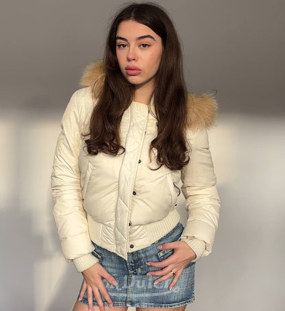 Italian puffer coat zip-jacket bomber with fur hood