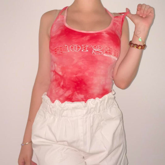Morgan De Toi top with logo bright pink tie dye crop top with crossed straps on the back