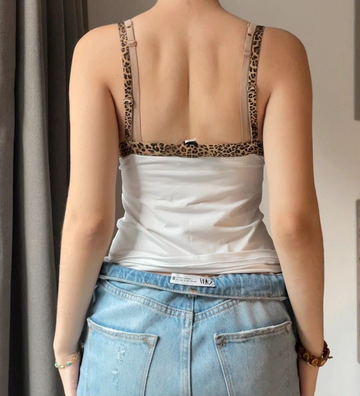 Roberto Cavalli top iconic cami top in white with leopard print y2k style