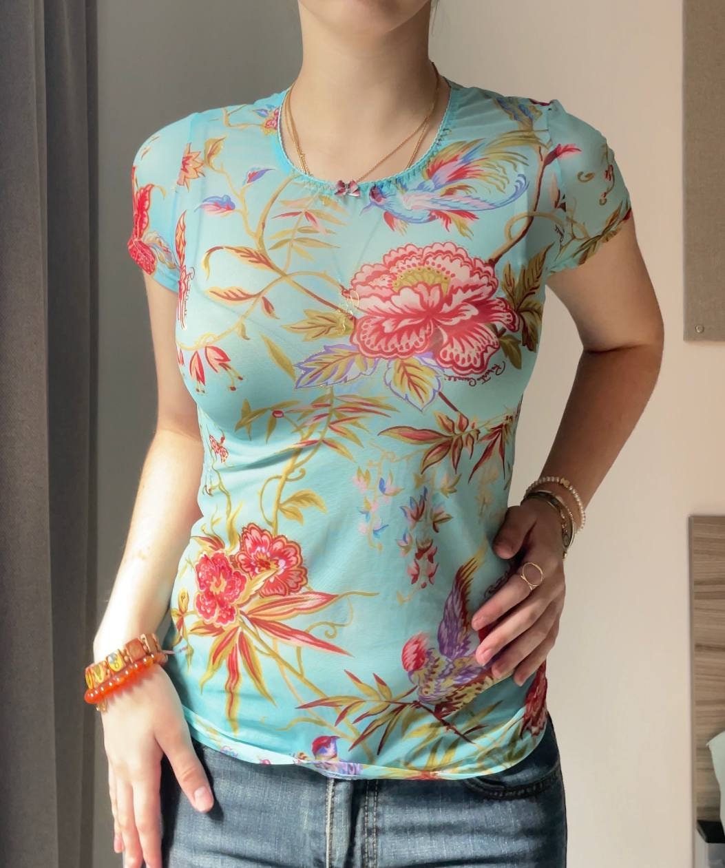 Roberto Cavalli cami top tee y-shirt floral mesh summer fairy vintage y2k coquette mermaid