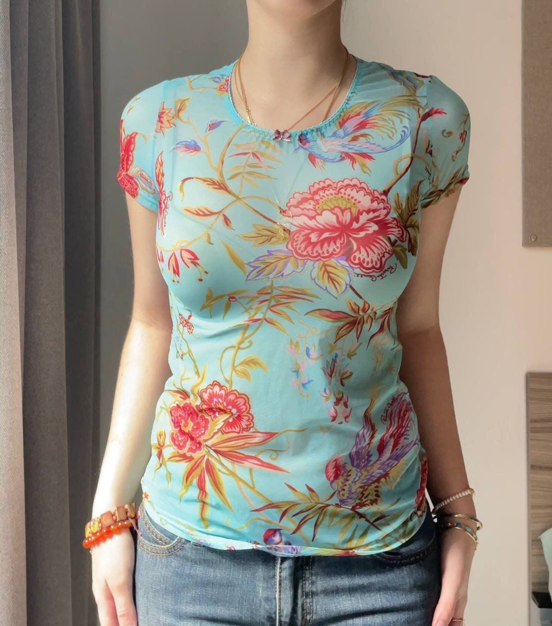 Roberto Cavalli cami top tee y-shirt floral mesh summer fairy vintage y2k coquette mermaid