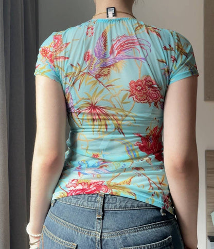 Roberto Cavalli cami top tee y-shirt floral mesh summer fairy vintage y2k coquette mermaid