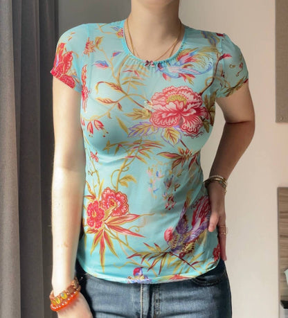 Roberto Cavalli cami top tee y-shirt floral mesh summer fairy vintage y2k coquette mermaid