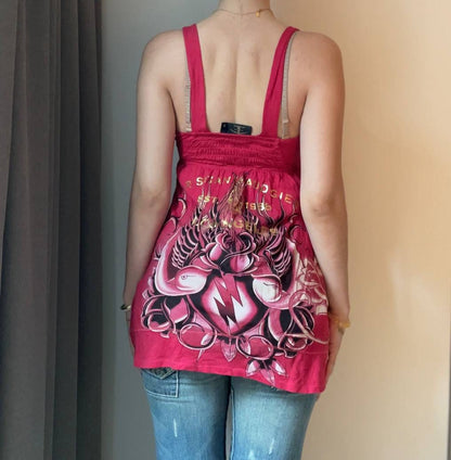 Christian Audigier cami top babydoll hot pink mesh summer fairy vintage y2k coquette mermaid