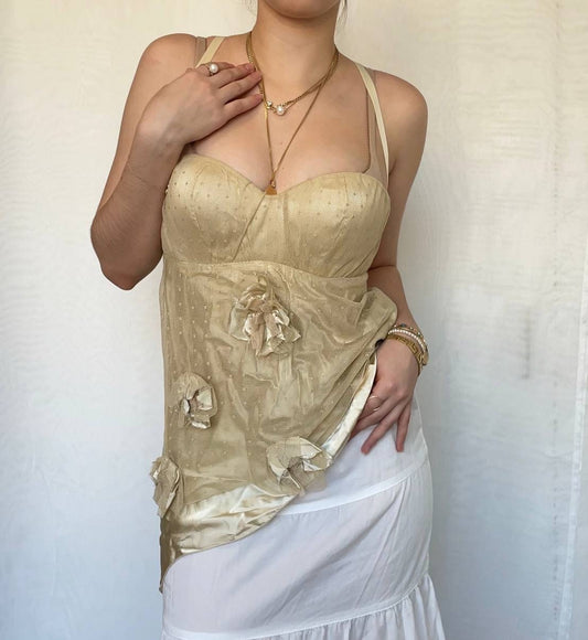 Cami top corset bustier asymmetrical embroidered with flower detailing mesh summer fairy vintage y2k coquette mermaid