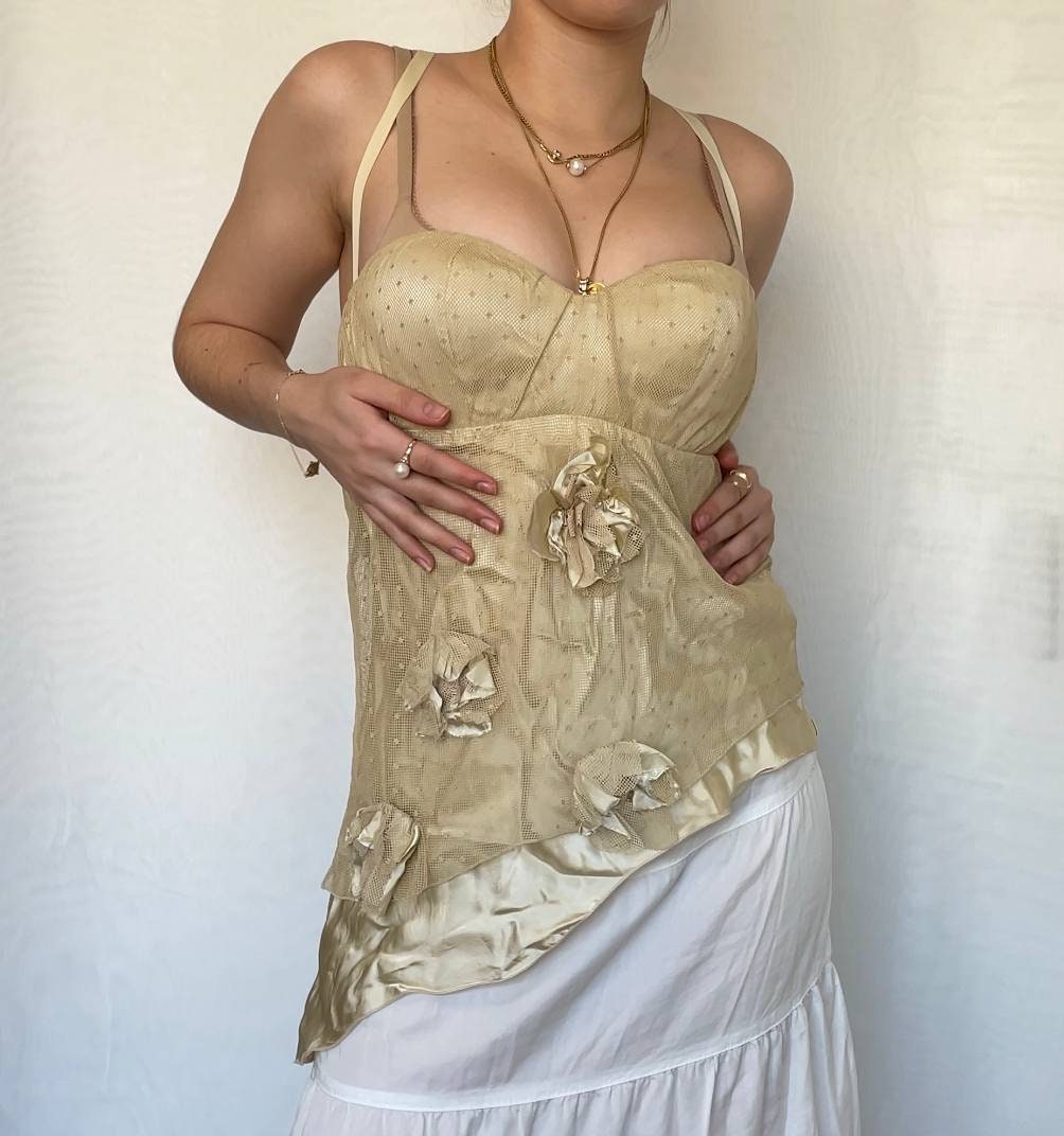 Cami top corset bustier asymmetrical embroidered with flower detailing mesh summer fairy vintage y2k coquette mermaid