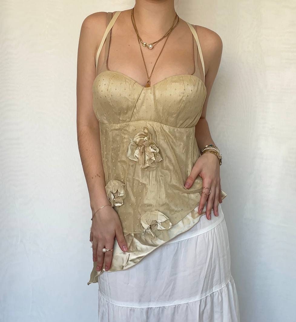 Cami top corset bustier asymmetrical embroidered with flower detailing mesh summer fairy vintage y2k coquette mermaid