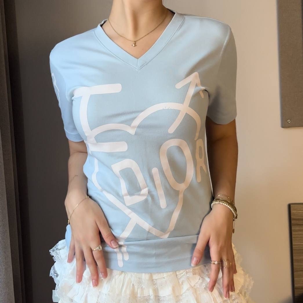 Christian Dior Women's Blue and White T-shirt