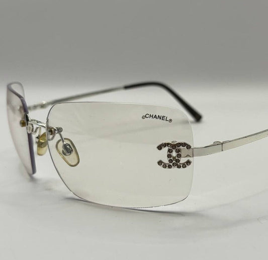 Chanel sunglasses vintage rimless frameless CC diamanté transparent with silver y2k with logo